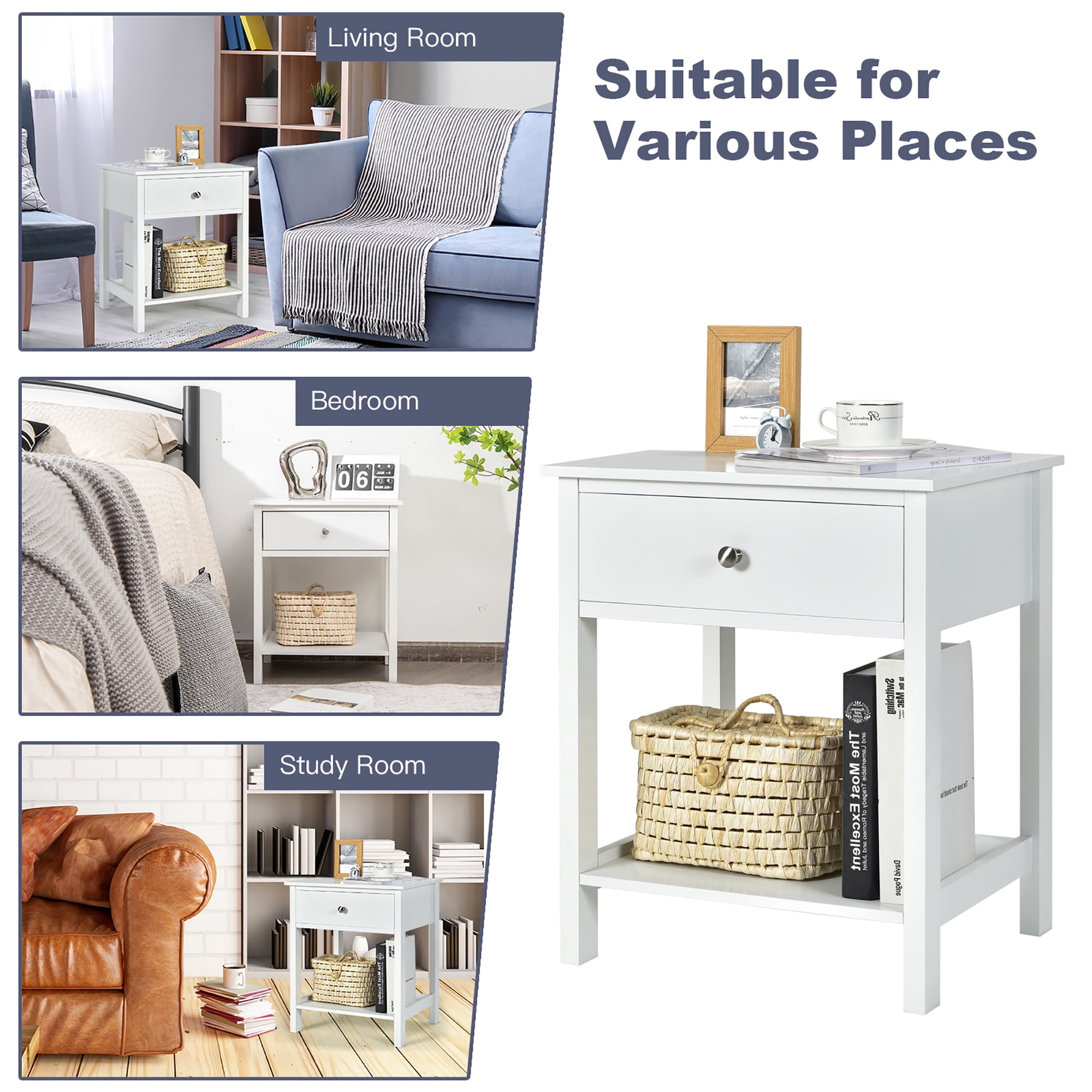 Costway Nightstand with Drawer Storage Shelf Wooden Bedside Sofa Side Table White