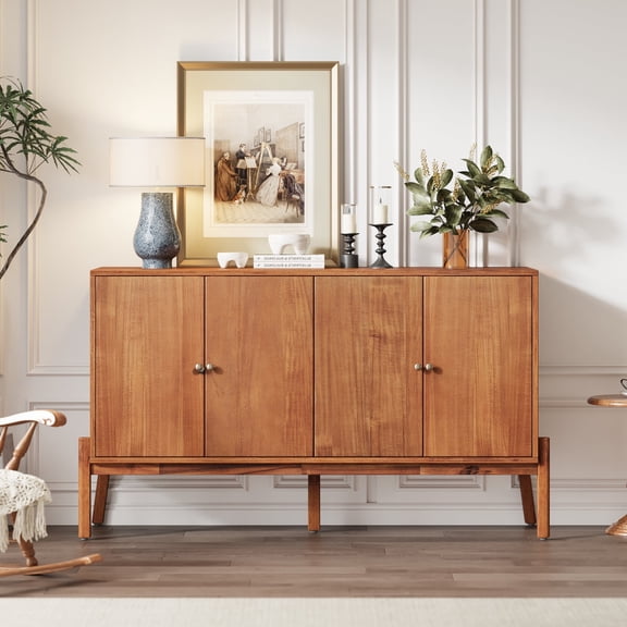 Lisonu 60" Sideboard Buffet Cabinet for Dining Room – 4-Door Storage Console, MDF & Acacia Veneer with Metal Handles, Raised Legs, Brown Finish, 60"W x 18"D x 34.2"H