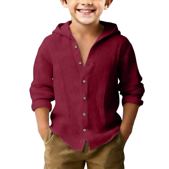 EnJoCho Boys Linen Shirts Button Up Cotton School Hooded Shirt Kids Long Sleeve Lightweight Summer Beach Boho Tee Tops