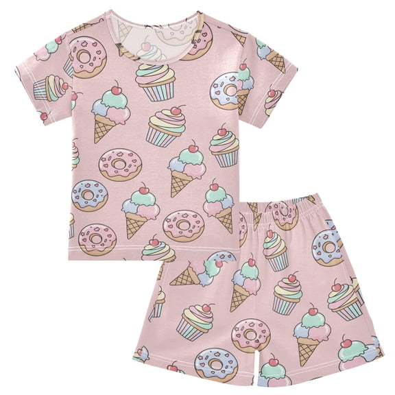 joogoo Ice Cream Donuts Pattern Pajama Sets Short Sleeve Cotton 2-Piece Sleepwear 10Y