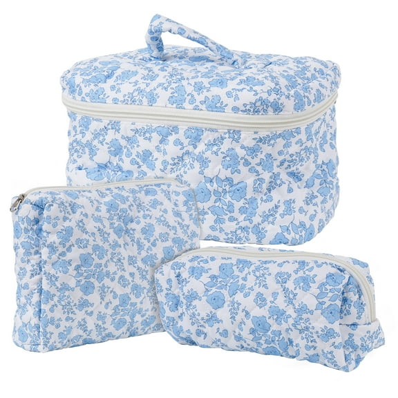 Cute Cosmetic Bag Set Quilted Design, 3-Piece Country Rustic Floral Makeup Bags with Zipper, Travel Toiletry Organizer Set, Blue and White Flower