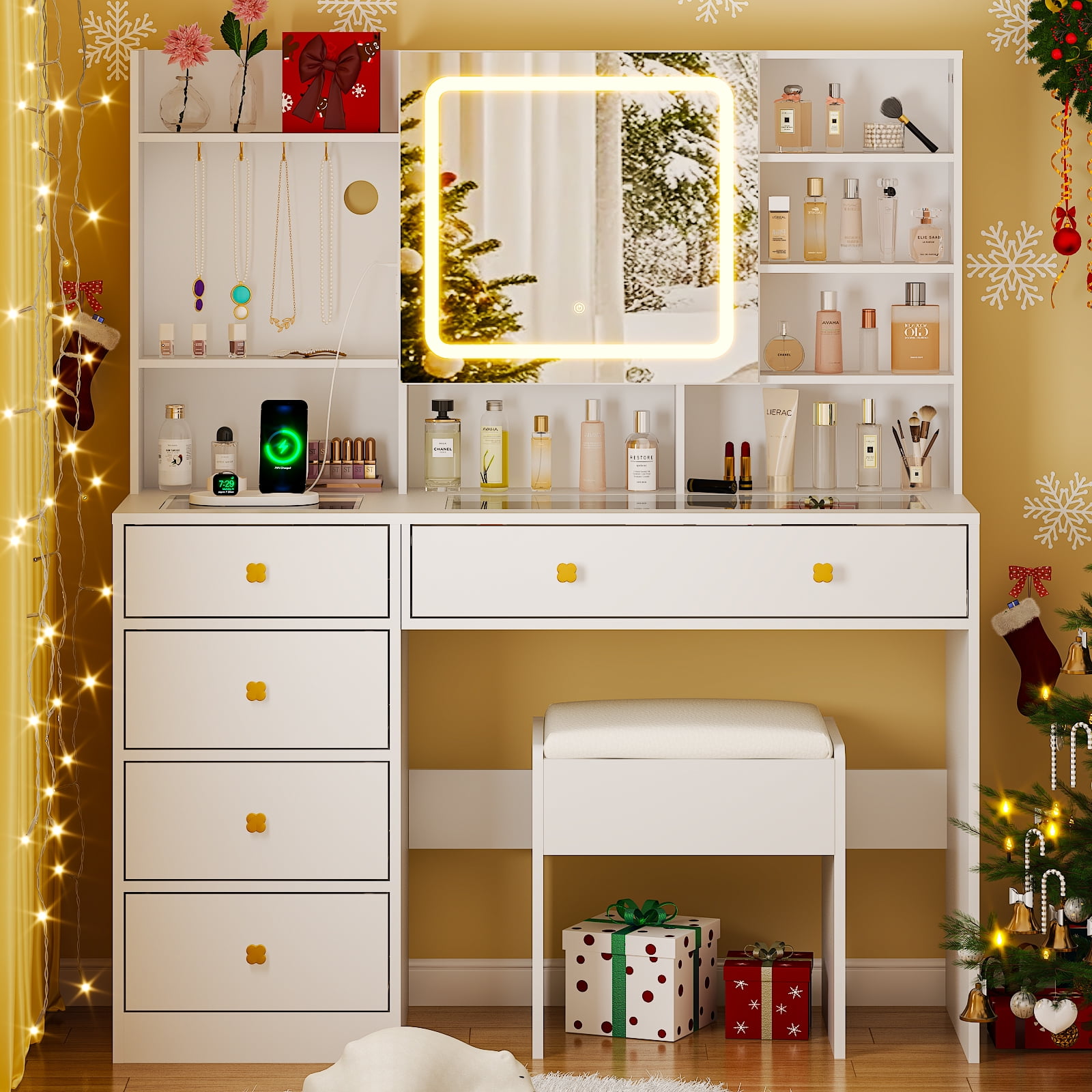 Ktaxon Large 47.2" Makeup Vanity with 3 Color Lights, Vanity Desk with USB Charging Station, Vanity Makeup Table with Visible Drawers, Hidden and Open Storage Shelves, White