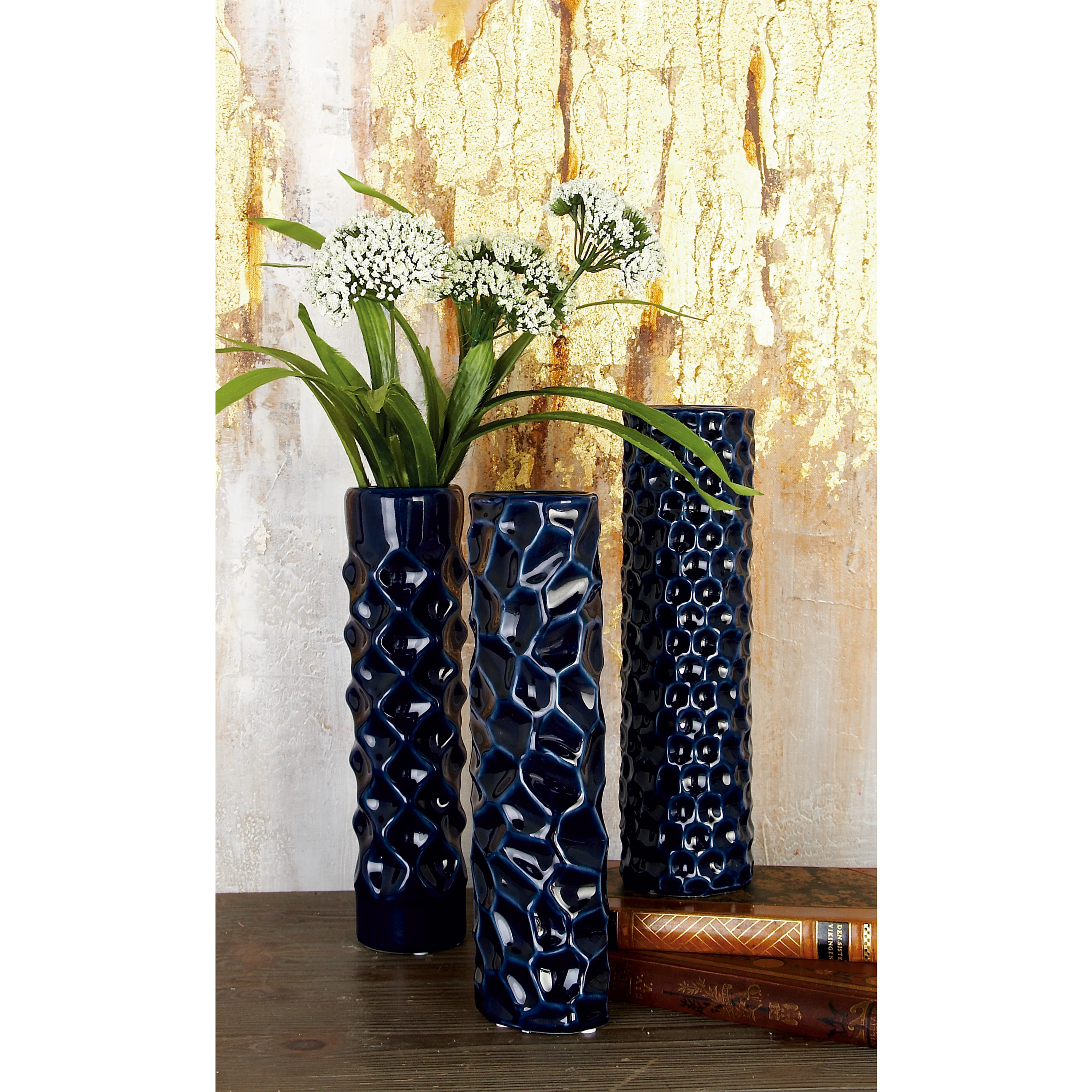 DecMode 3"W, 12"H Dark Blue Ceramic Vase with Varying Patterns, Set of