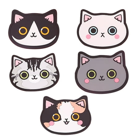

5pcs Drink Coaster Cup Mat Soft Silicone Bar Cute Cartoon Cat Shape Dining Table