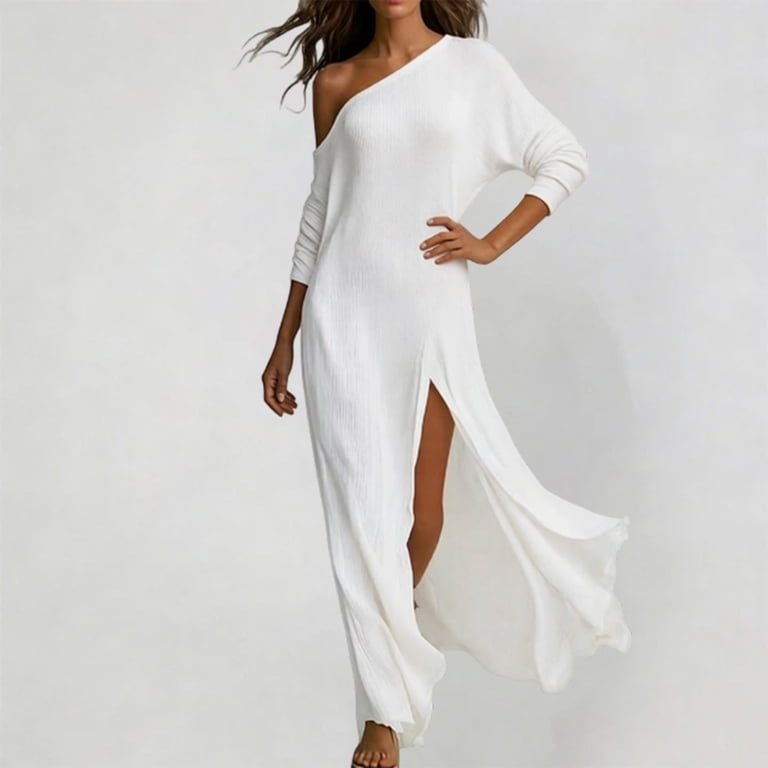 high slit club dress XIAONU Women's Solid Off Shoulder Maxi Long Sleeve Flowy Dress Black Friday 2025 USA