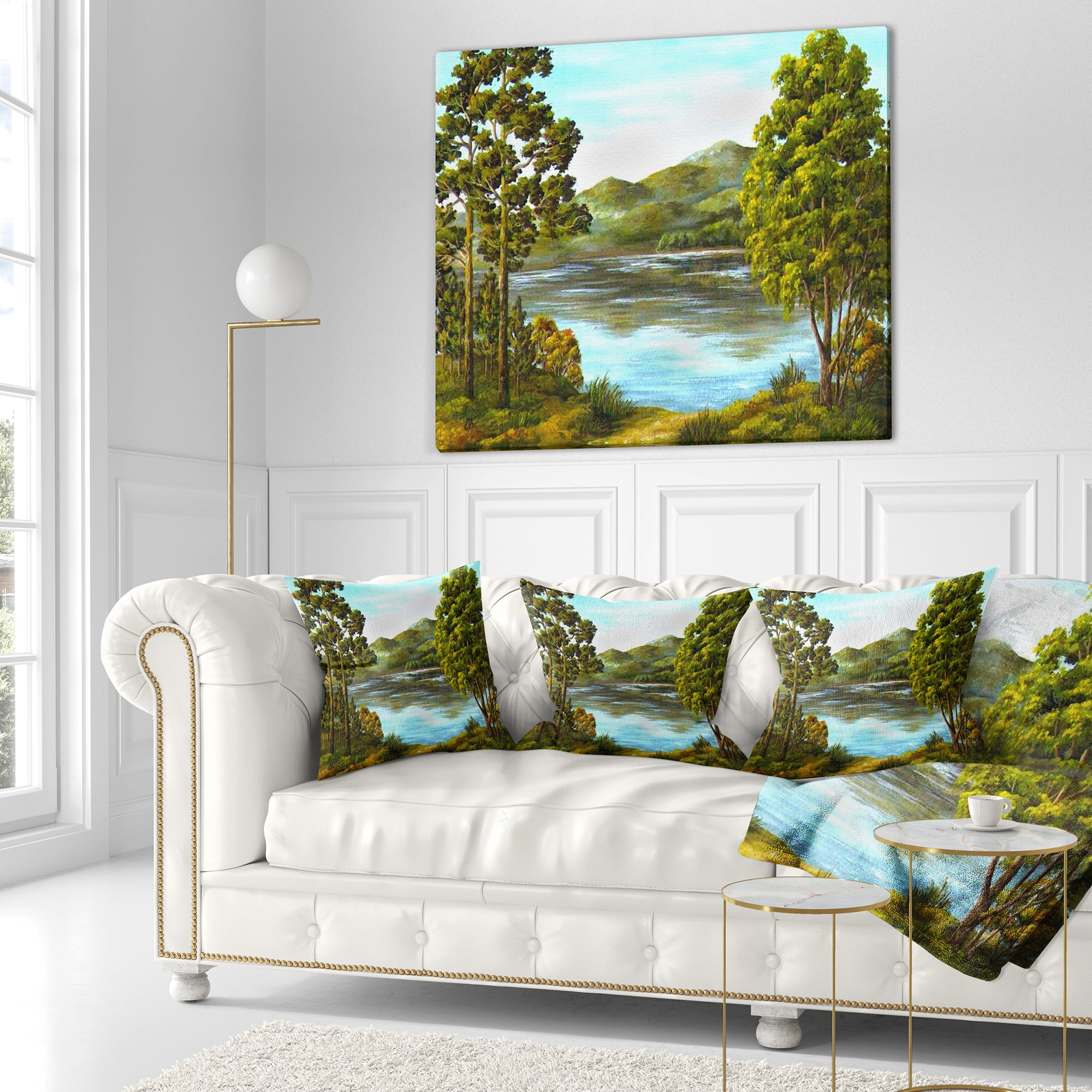 Designart Mountain Lake with Blue Water - Landscape Printed Throw Pillow - 16x16