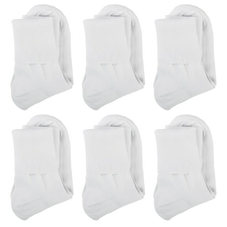 Buster Brown Women?s Fold Over 100% Cotton Anklet Socks 6 Pairs for Sensitive Feet Seamless Toe All Natural - L - White