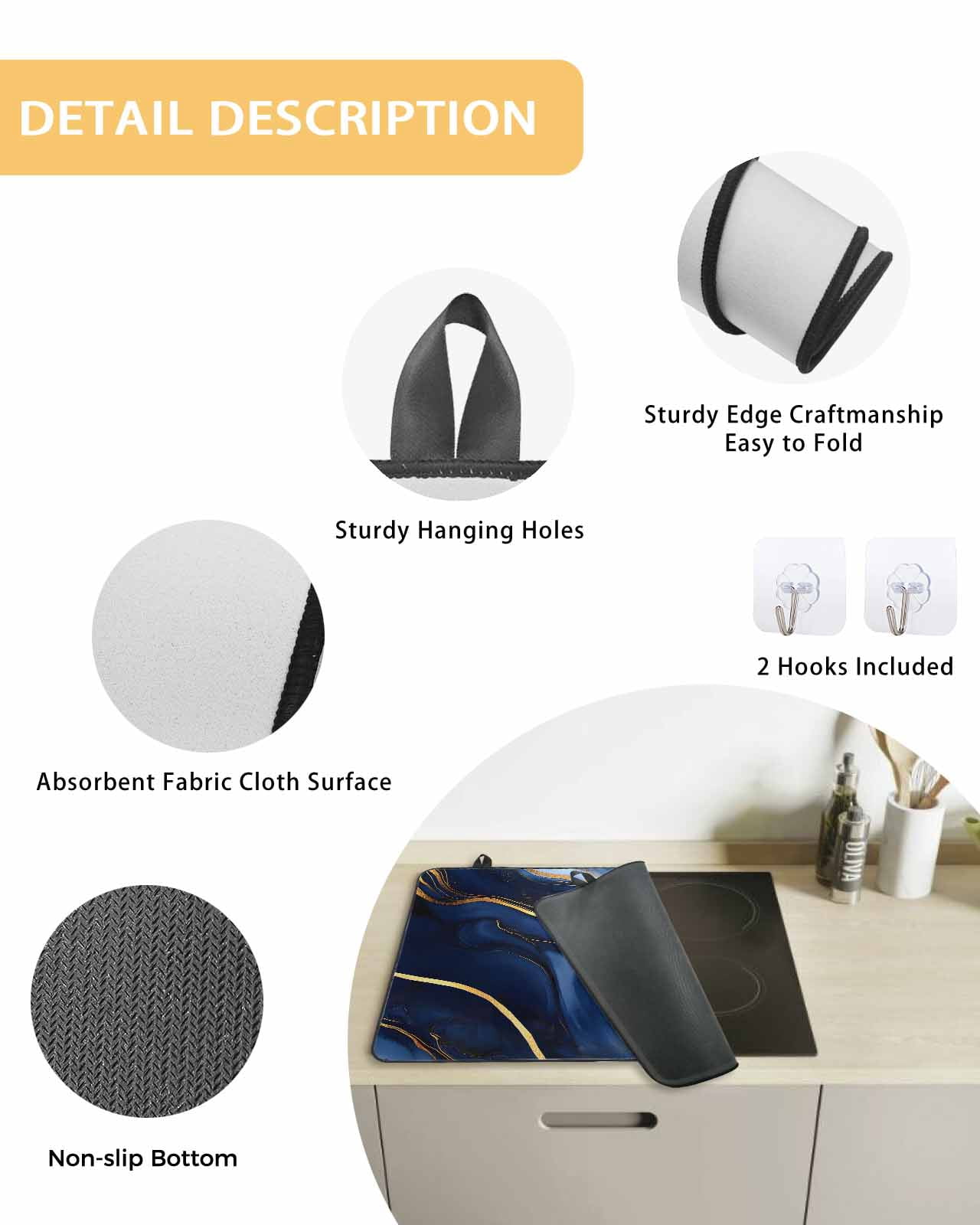 nqOlkjepod Large Induction Cooktop Protector Mat 24"x21", Marble Navy Blue Stove Top Covers for Electric Stove, Modern Golden Ombre Retro Art Stove Burner Cover Mats, Glass Top Stove Cover