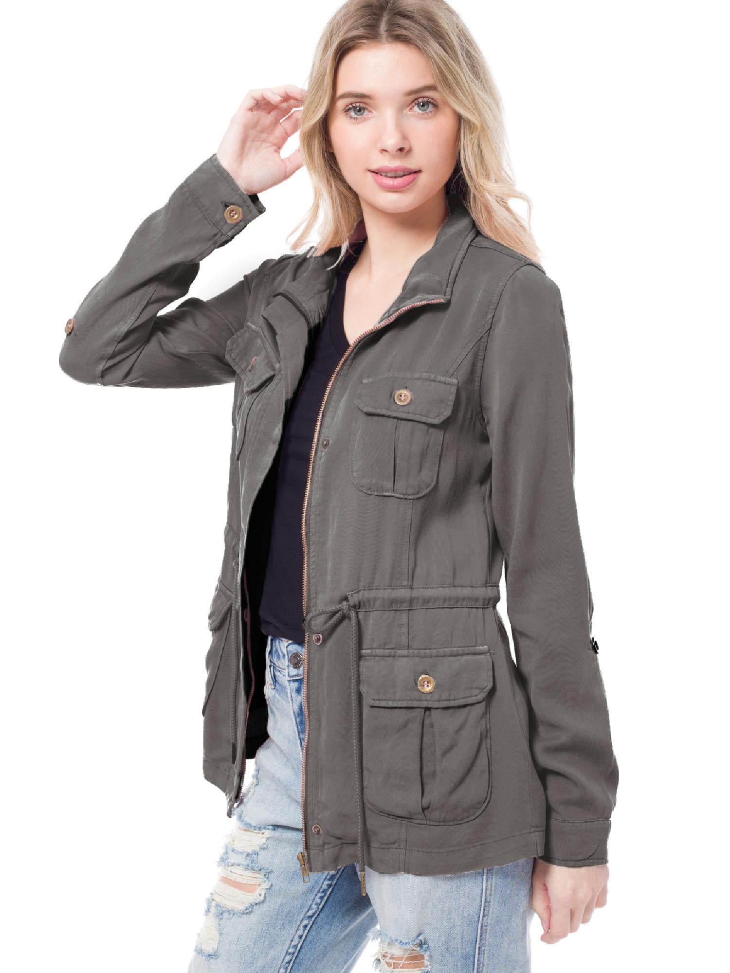 MixMatchy Women's Color Tencel Zip Up Snap Button Safari Military