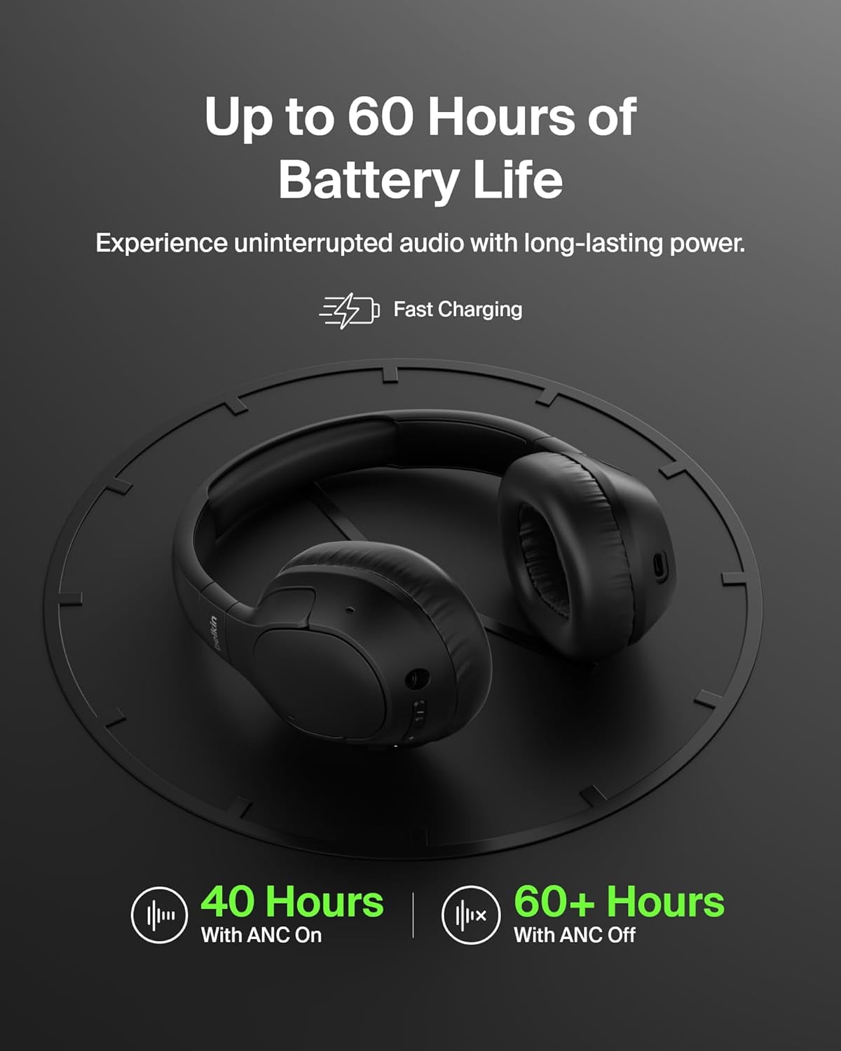 Belkin SoundForm Isolate Bluetooth Over-Ear Headphones - Hybrid Active Noise Cancelling Headphones - Wireless w/ 60H Playtime, Fast Charging & CloudCushion Ear Cups for Travel, Home, Office - Black