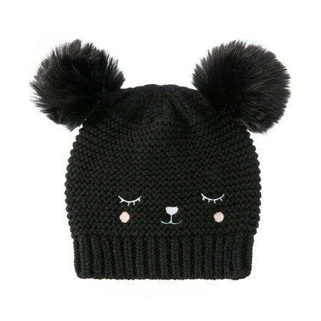 

YWDJ 0-3Years Toddler Warm Knitted Hat - Winter Kids Solid Color Double Ball Hair Ball Embroidery Kids Knitted Hat Black