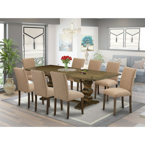 East West Furniture Laab9 77 47 9pc Dining Room Table Set Contains A Dinette And 8 Parson Chairs With Light Sable Color Linen Fabric Medium Size Full Back Distressed East West Furniture Laab9 77 47 9pc, Light Color Dining Table Set
