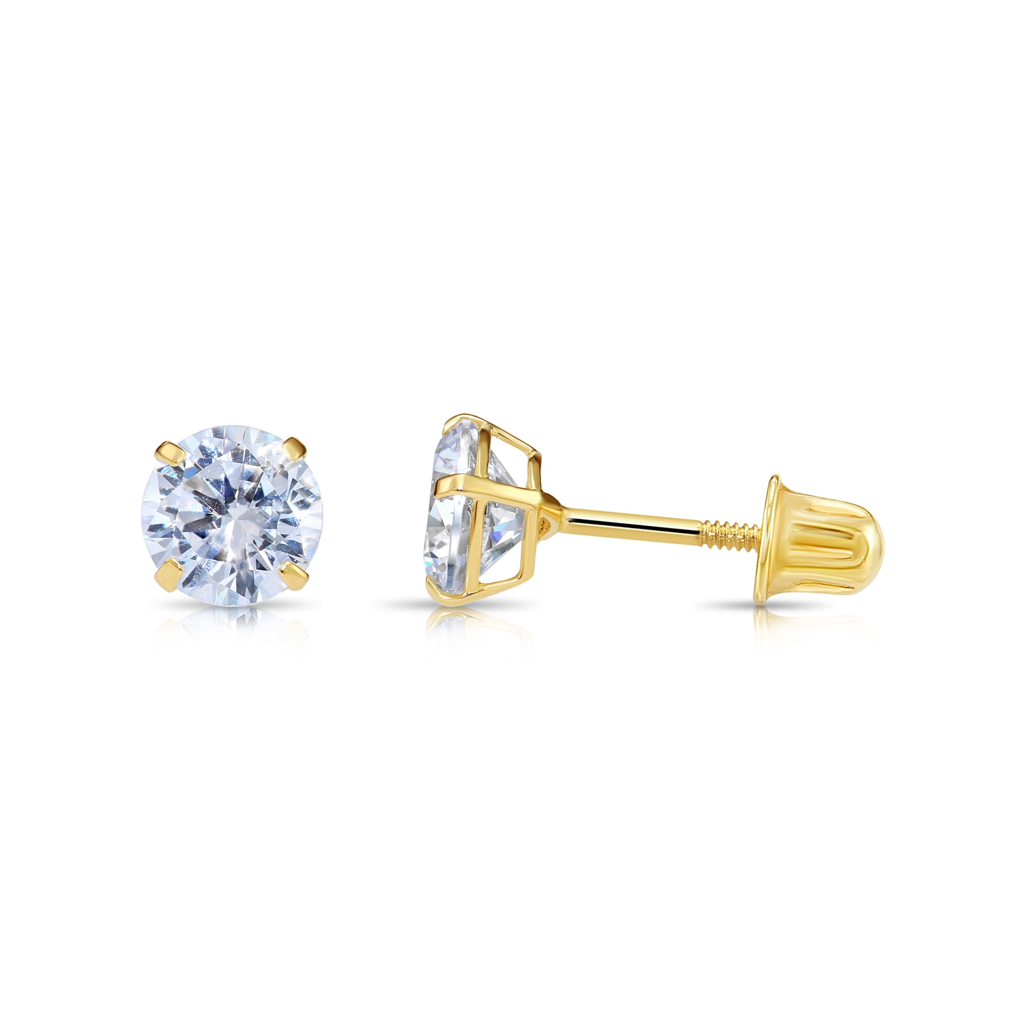 Tilo Jewelry 14K Yellow Gold Classic Round Stud Post Earrings with Cubic Zirconia CZ Birthstone | Secure Screw-Backs | April | Women, Men, Unisex