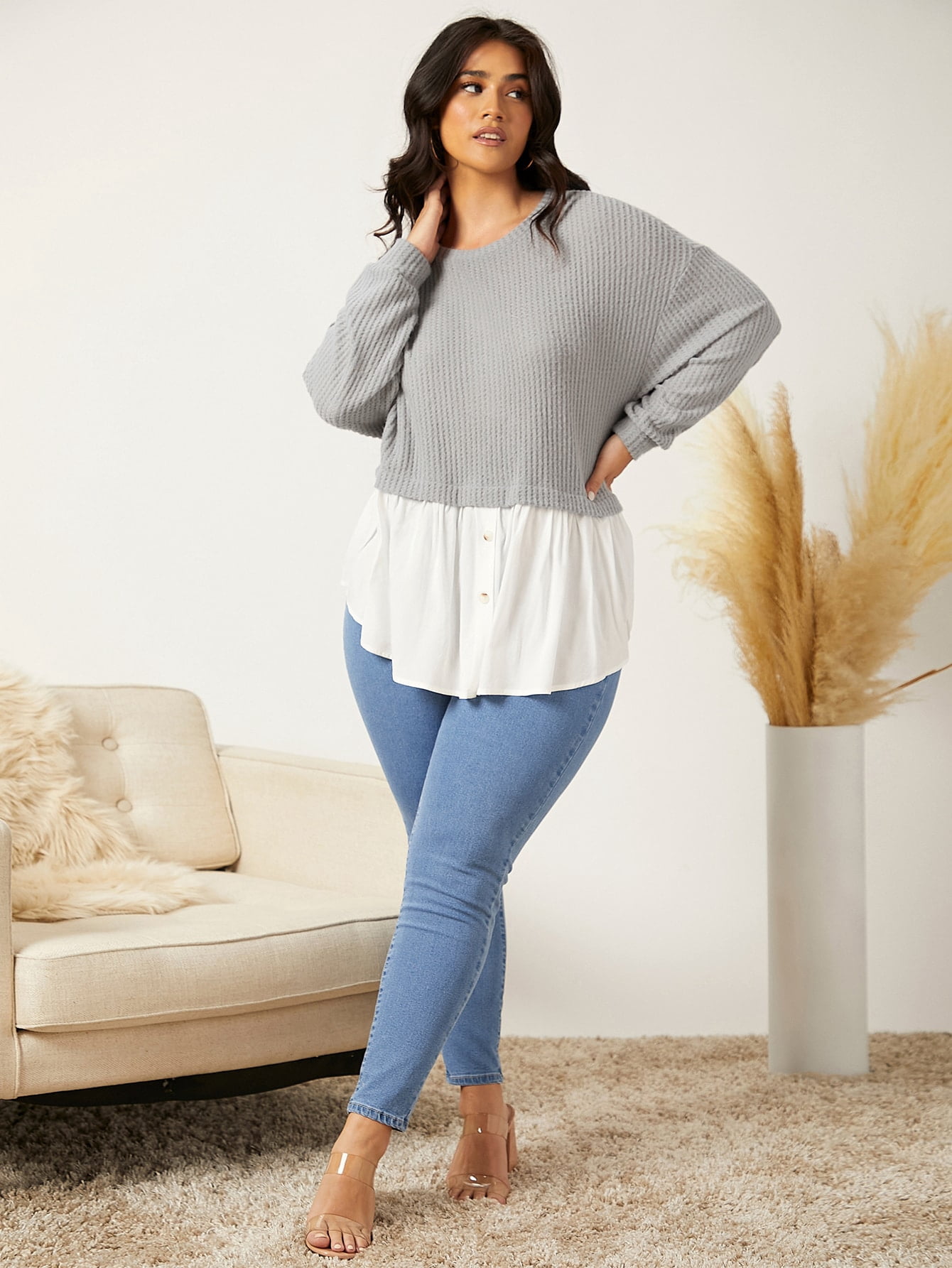 Plus Size Waffle Knit Drop Shoulder Tee 