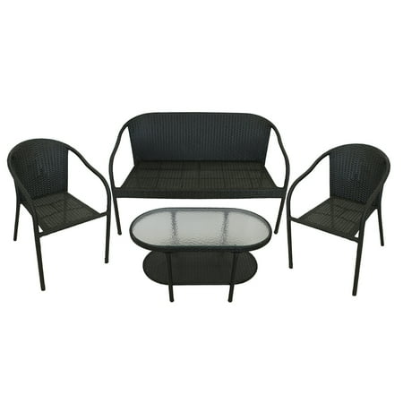 4 Piece Black Resin Wicker Patio Furniture Set Loveseat