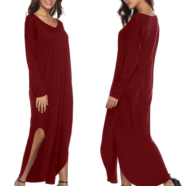 Vestido largo maxi Colco Rojo S Mujer con dobladillo de manga larga cuello en V suelto