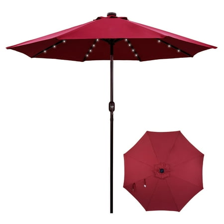 Backyard Expressions 9ft Solar Patio Umbrella with 32 LED Lights – Outdoor Market Umbrella with Tilt & Crank, Solar-Powered Lighting, Water-Resistant Fabric for Patio, Deck, Garden, Pool