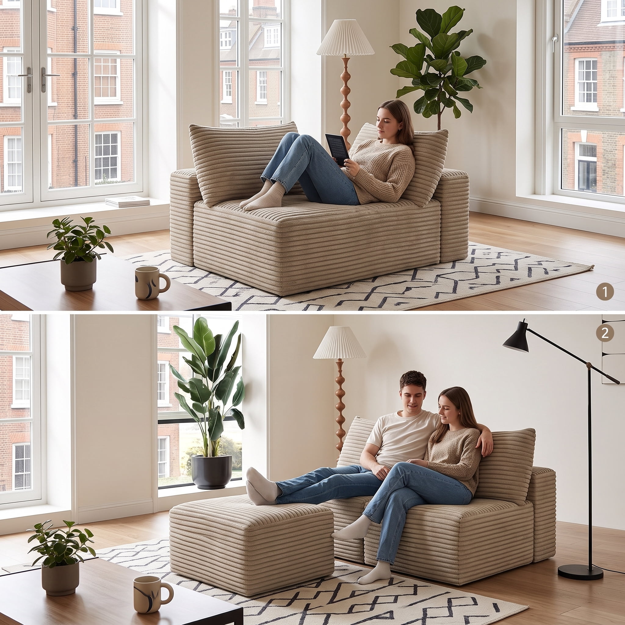 No Assembly Modular Corduroy Sectional Sofa, Cloud Plush Reversible Chaise Lounge Couch with High Resilience Sponge & Spring Support, Luxury Corner Sofa for Living Room Apartment Bedroom