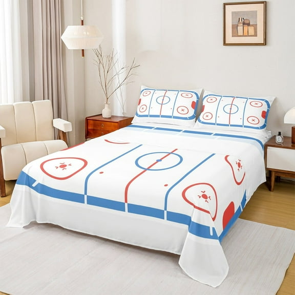 Manfei Ice Hockey Full Size Sheets,Sport Theme Bed Sheets,White Red Blue Sheet Sets For Boys,Ultra Soft Bedroom Decorative,4 Pieces