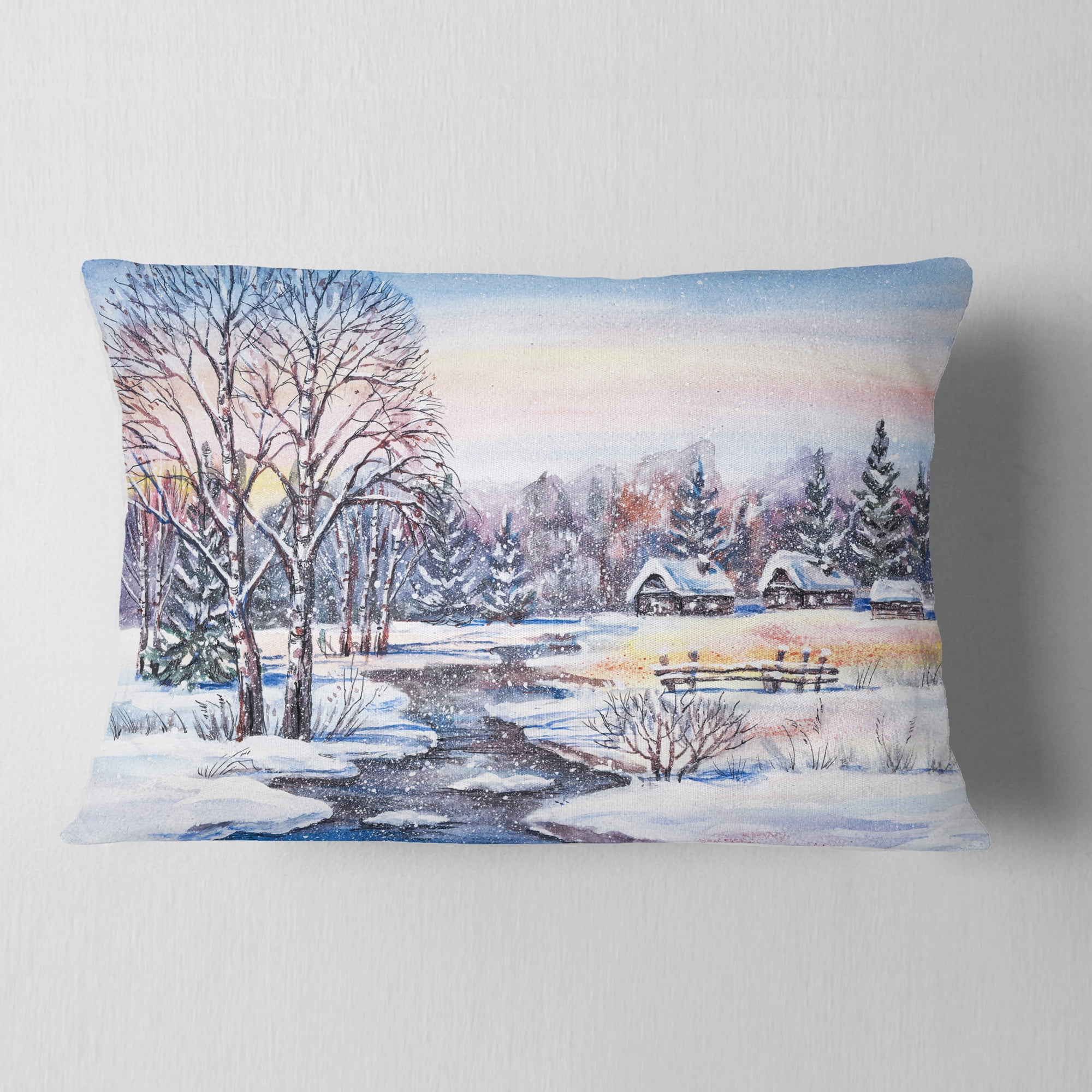 Designart Russian Winter Village - Landscape Photography Throw Pillow - 12x20