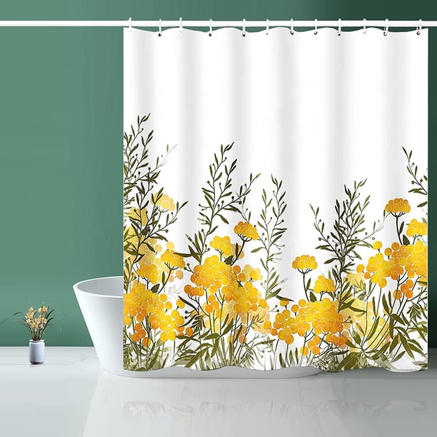Rideau de douche, rideau de douche en tissu doublé jaune rideau de douche floral – 182,9 cm l x 182,9 cm l avec 12 crochets pour la maison, l'hôtel, les rideaux de lavage en machine, le rideau de dou JAMW Sencillez