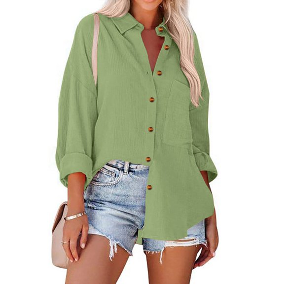 ICHUANYI 2023 Women's Oversized Solid Shirts Button Down Long Sleeve Blouses V Neck Casual Work Tops