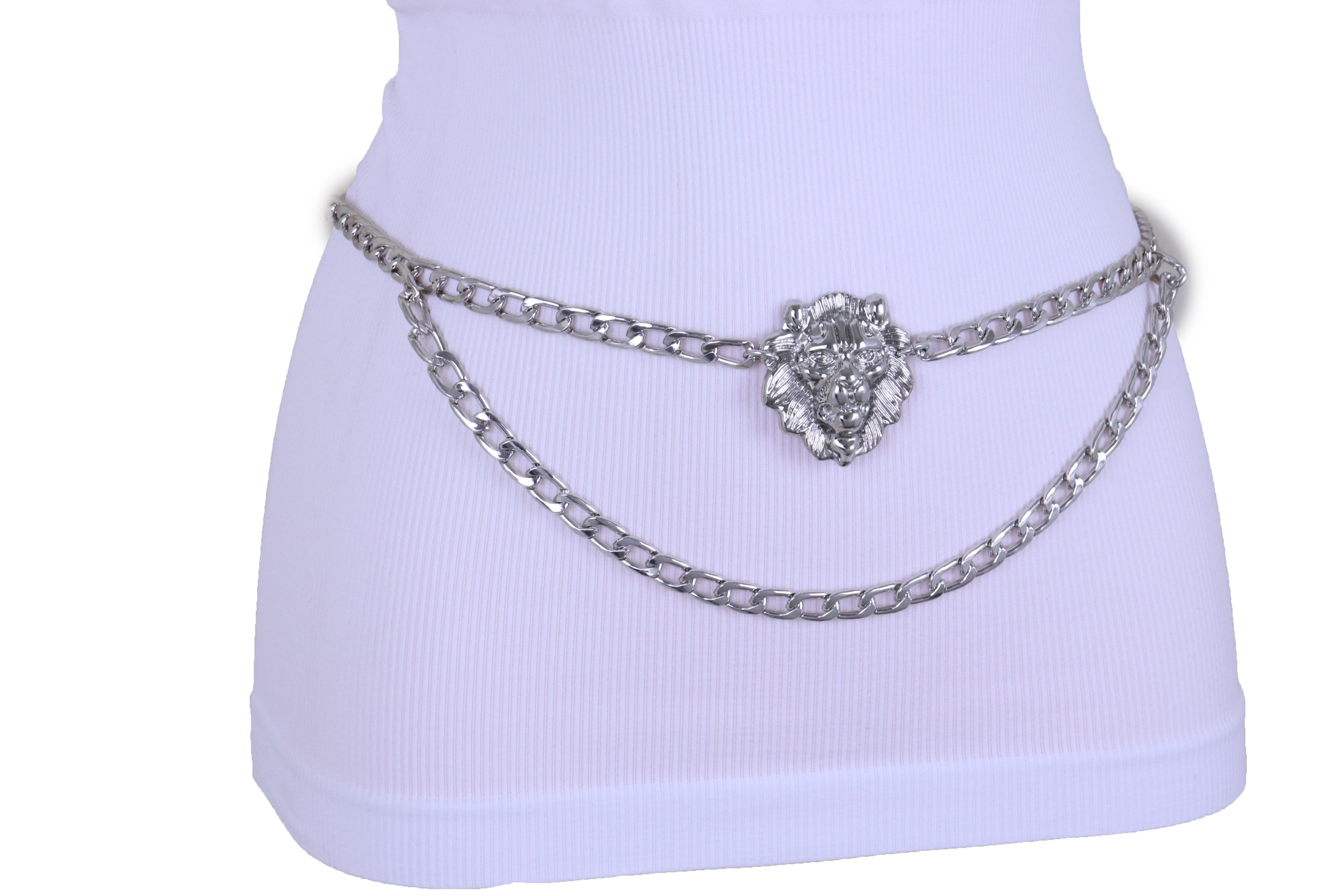 Women Bling Lion Head Charm Belt Waist Hip Silver Metal Chain XL XXL