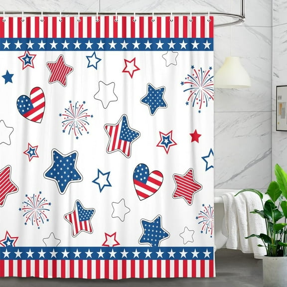 4th of July Independence Day Shower Curtain Set, 4th of July American Flag Patriotic Star Fabric Bathroom Shower Curtain Family Holiday Decor Bathtub Curtain with 12PCS Hook