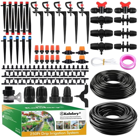 Kalolary 250FT Drip Irrigation Kit with Rotating Nozzles, 1/4" & 1/2" Automatic Garden Watering System, 4/7 16PE Distribution Tube, Adjustable Micro Sprinklers for Patio, Lawn, and Flower Beds