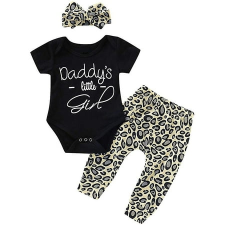 

Zlekejiko Sleeve Romper+Leopard Baby Short Print Girls Pants+Headband Letter Set Girls Outfits&Set