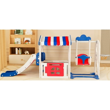 Kids Playhouse with Slide for Toddlers Age 1-5, Toddler Slide with Basketball Hoop, Indoor Toddler Playset Toddler Playground with Swing