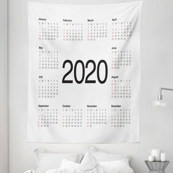 Calendar 2020 Tapestry, Simple Design Months Around Year Minimal and Modern Details, Fabric Wall Hanging Decor for Bedroom Living Room Dorm, 5 Sizes, Black Dark Pink and White, by Ambesonne
