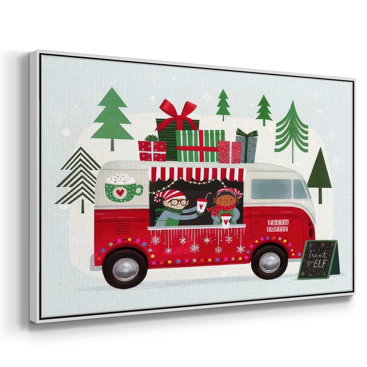 Santa's Foodtruck Collection A - Framed Gallery Wrapped Holiday Canvas - 27 x 41 - White Frame