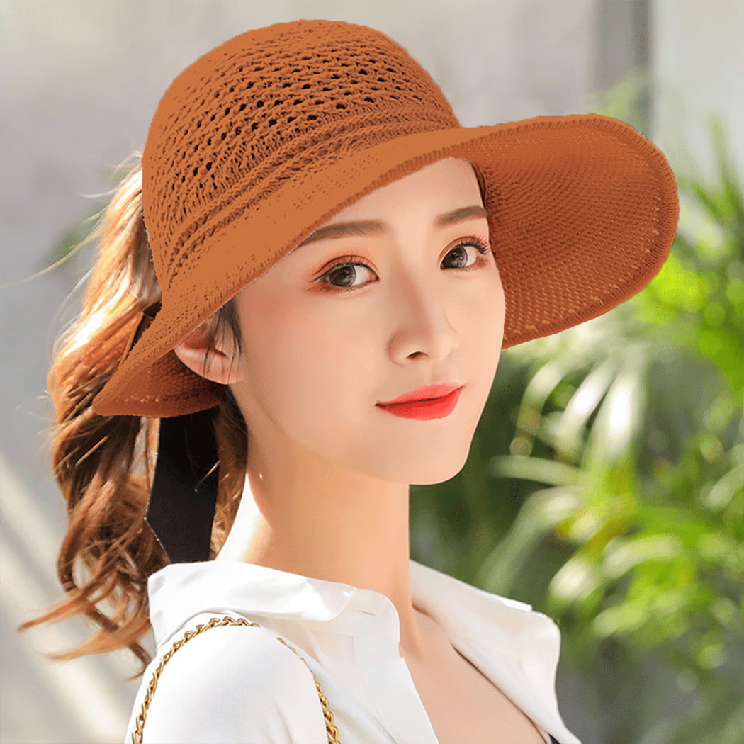 Rollup Straw Sun Visor Foldable Wide Brim Travel Hat Freesize Ponytail Fashion