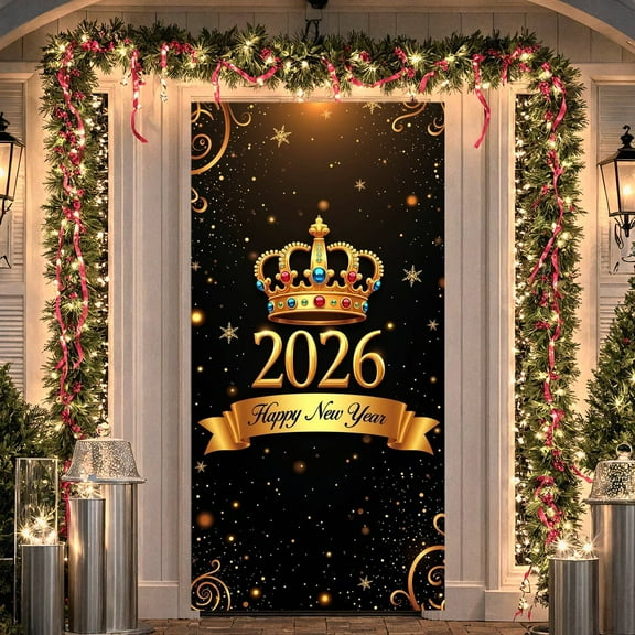 Golden New Year Banner Jeweled Crown 2026 Display Sparkling Stars Black Background Crown Backdrop for New Year Party Holiday Celebration Indoor Decoration