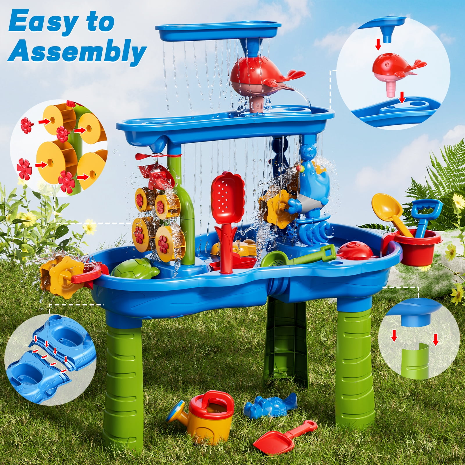 3-Tier Water Table for Toddlers 1-3, Multi-Functional Sand Water Table Toy with Rich Sand Toys, Sensory Activity Table for Kids Outdoor Indoor Beach Fun