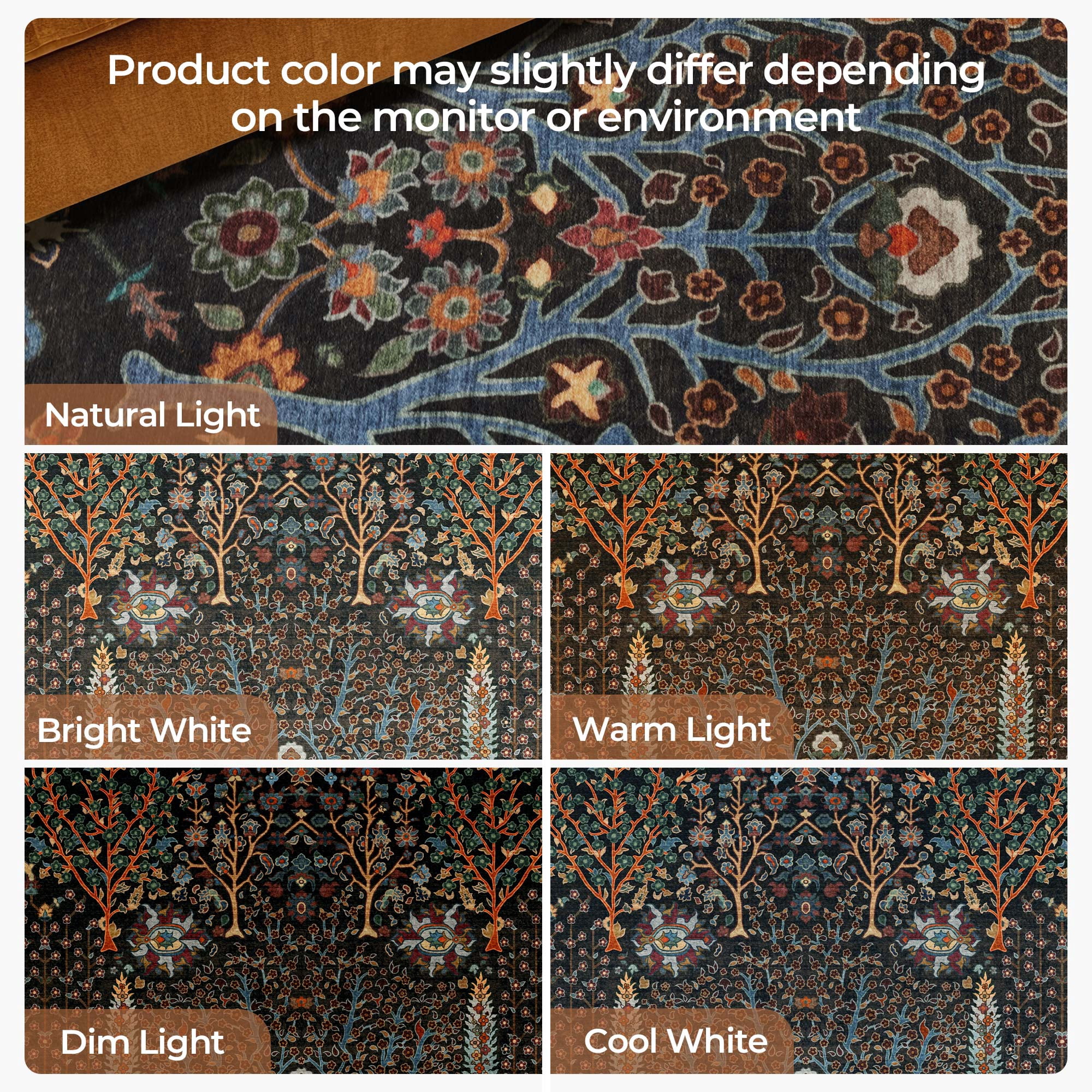 Washable Oriental Rug, 9x12 Black Boho Botanical Floral Vintage Carpet, Soft Large Indoor Rug for Living Room, Bedroom, Office, Playroom