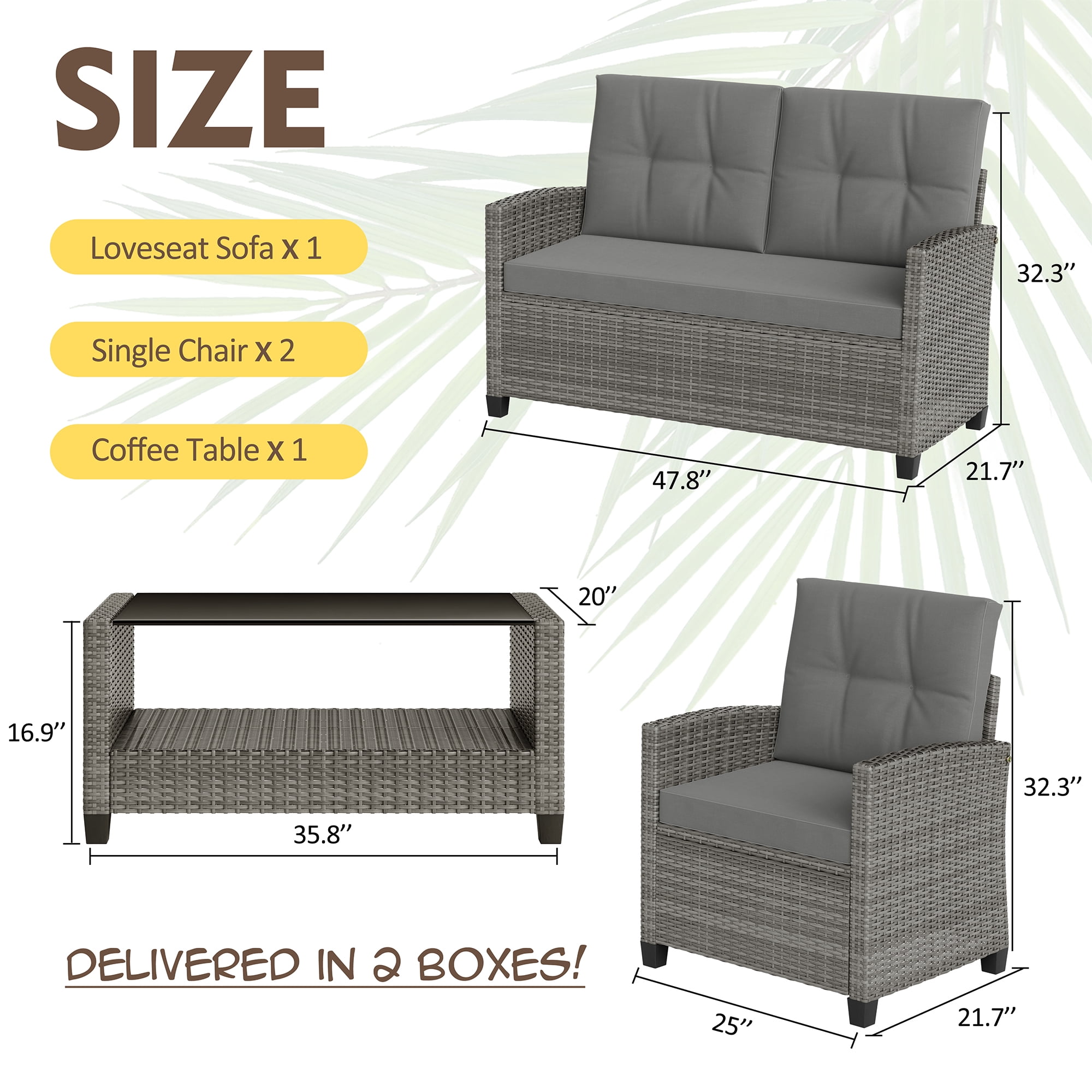 Walsunny 4 Pieces Outdoor Sectional Conversation Wicker Patio Furniture Set with Cushion Table for Backyard,Porch,Garden,Poolside Balcony,Gray