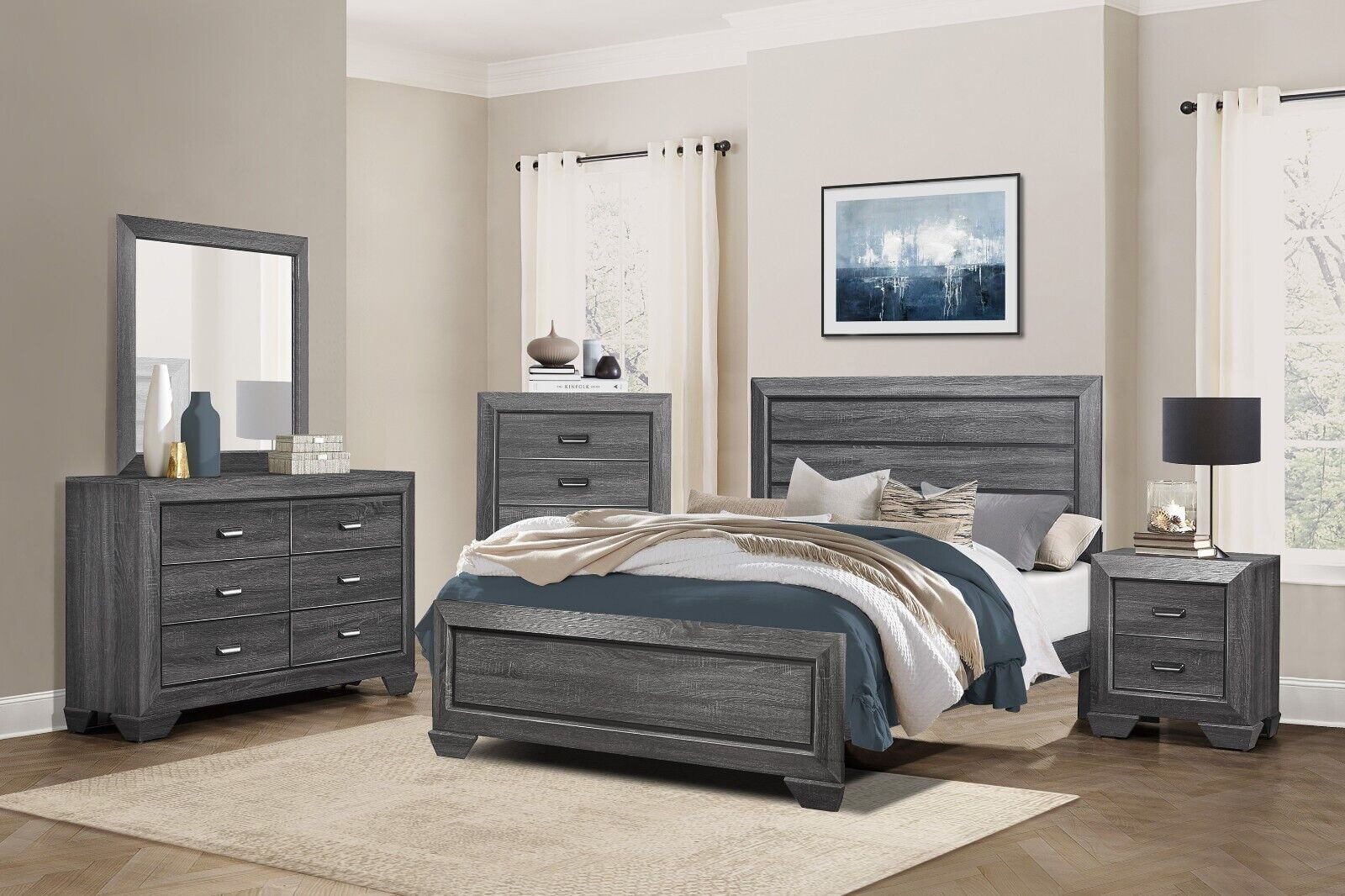 Contemporary 5pc Full Size Bedroom Set Gray Finish Bed Dresser Mirror