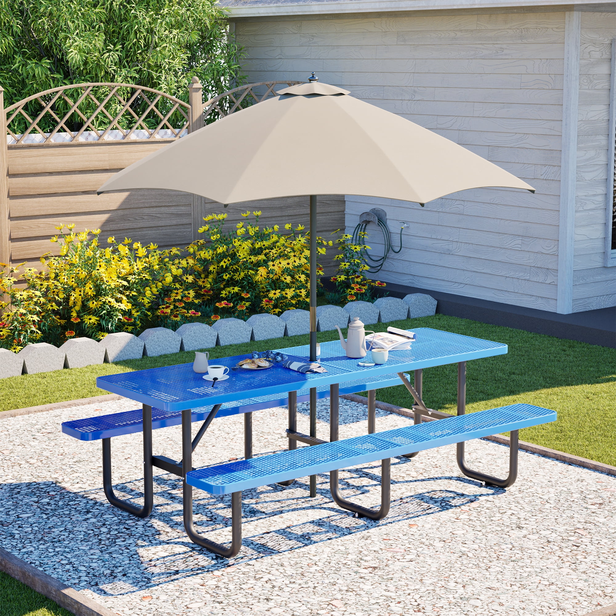 Outdoor Picnic Table Bench Set for 10-Person,All Weather Metal Patio Dining Furniture with Umbrella Hole & 2 Benches for Backyard,Picnic,Camping,Blue