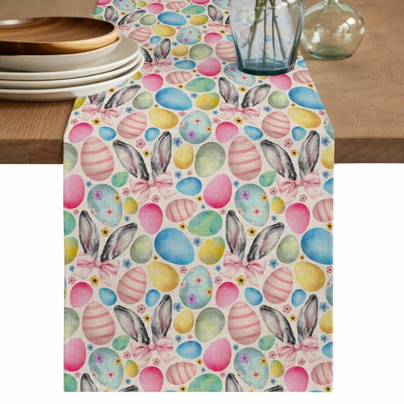 Easter Cotton Linen Table Runner for Dining Kitchen, Spring Colorful Eggs Bunny Flower Plant Beige Wedding Outdoor Party Tablerunners Decoration, Dresser Scarf Coffee Tablecloth Runners 13x72 Inches