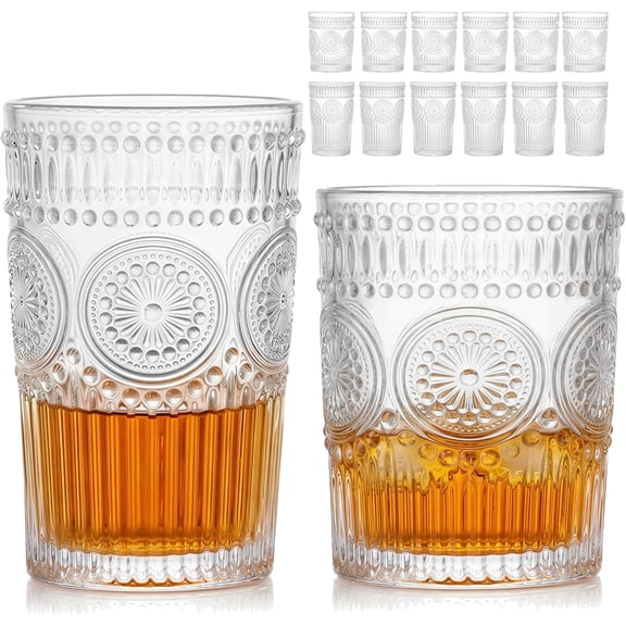 Vintage Drinking Glasses Set of 12, Textured Clear Striped Glass Cups-6 Highball Glasses 12oz & 6 Rocks Glasses 10oz, Mixed Glassware Set, Mojito Cups, Cocktail Glass, Iced Coffee Cup