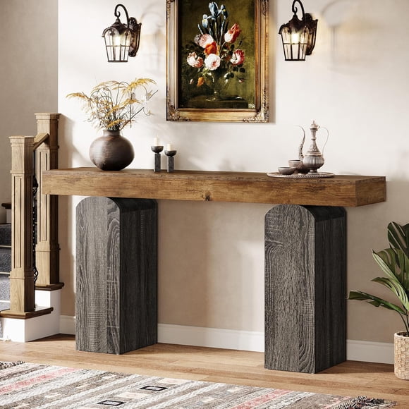 Tribesigns Table Console Style Ferme de 63 Pouces avec 2 Pieds Piédestaux Arqués, Table d'Entrée en Bois Bicolore pour Salon, Couloir, Brun Vintage et Gris