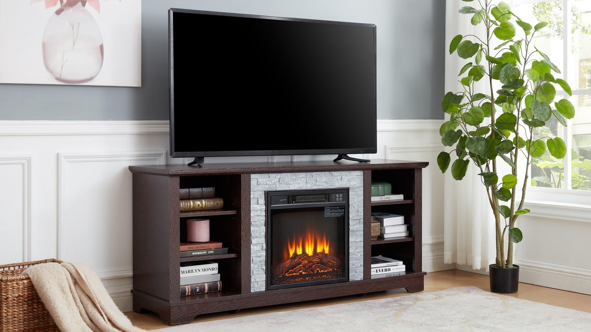 Eyisean 58" W Wooden Entertainment Center with Fireplace, Faux Stacked Stone Surround, TV Stand with 18'' Electric Fireplace, TV Console Table for Living Room