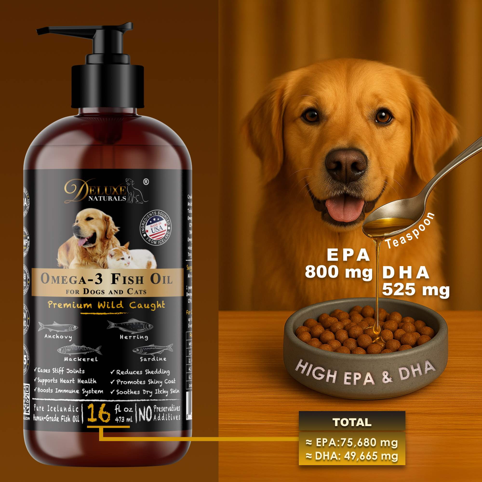 Deluxe Naturals Omega-3 Fish Oil Liquid for Dog and Cat, 16 fl oz