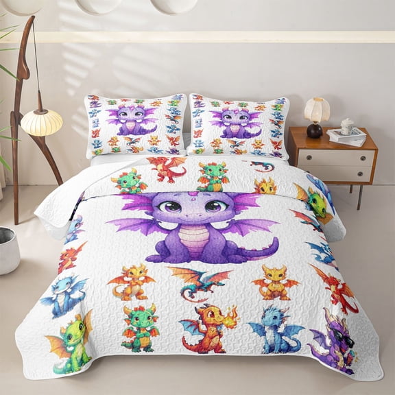 Feelyou Cute Kawaii Flying Dragon Twin Quilt Set for Boys Girls, Cartoon Wildlife Twin Coverlet Set, White Purple, 2 Pieces