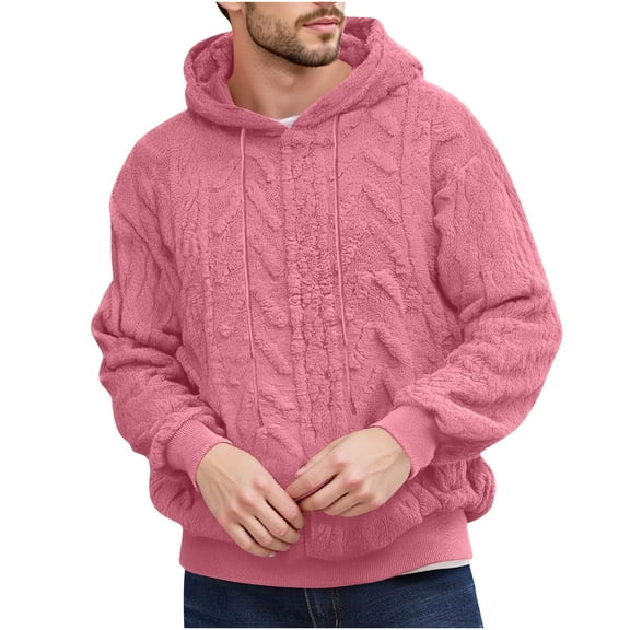 Betivan Mens Hooded Sweatshirts Fleece-Backed Jacquard Pocket Fuzzy Sherpa Pullover Long Sleeve Fall Winter Textured Outwear