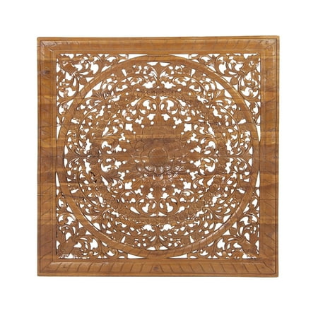 Wood Carving Wall Panel Decmode Rustic Teak Wood Carved Flower and Flourishes Square Brown Decorative Wall Panel, Brown ()
