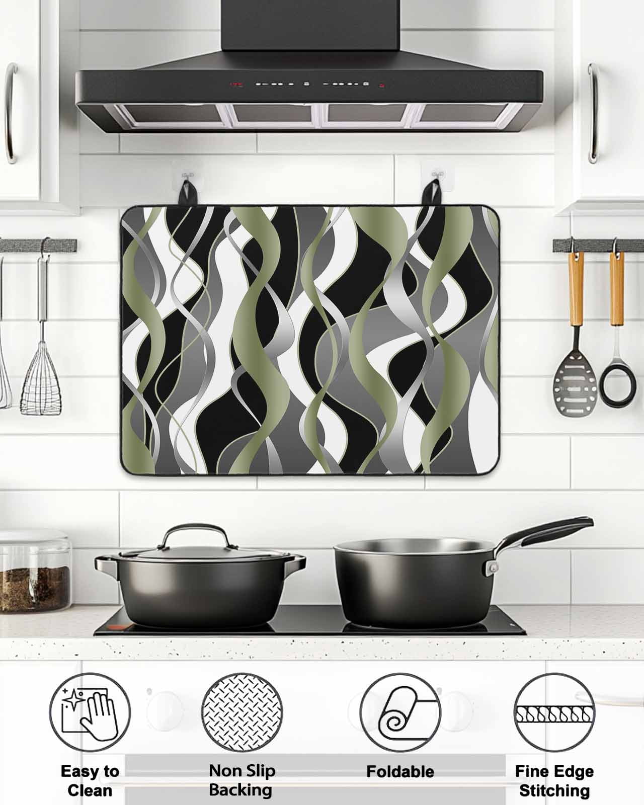 Stove Top Covers for Electric Stove, Sage Green Stripe Glass Stovetop Cover Protector, Grey White Geometric Modern Abstract Induction Cooktop Protector Oven Mat for Kitchen Countertop 24"x21"