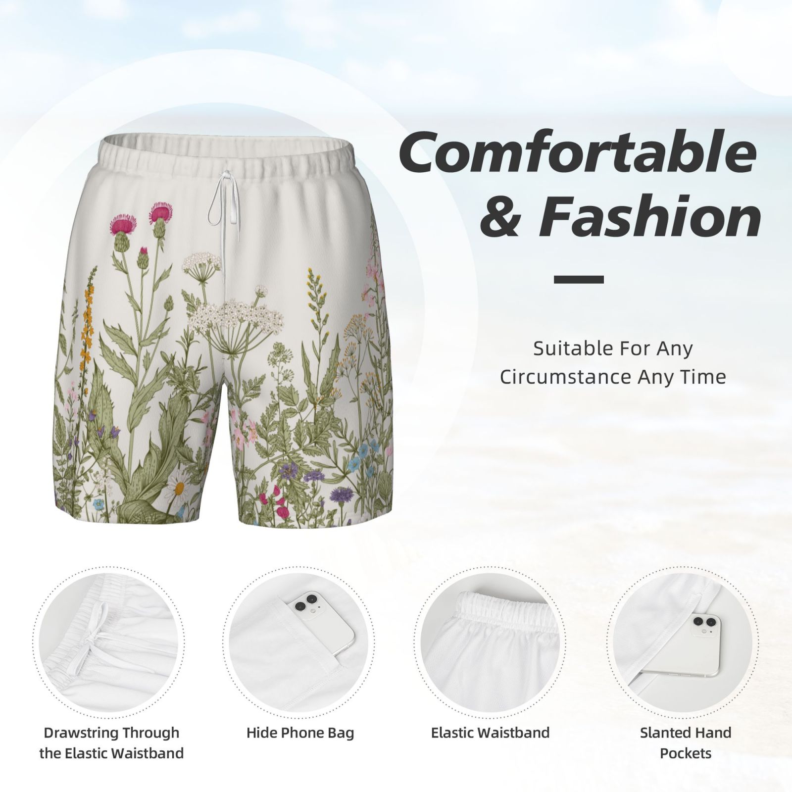 Xecao Herbs and Wildflowers for Men's Swimming Trunks Swim Trunks Quick Dry Swim Shorts with Mesh Lining Funny Swimwear Bathing Suits